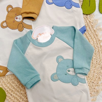 Kit 3 Peças - Bodys Manga Curta Bear - Verde, Azul e Caramelo